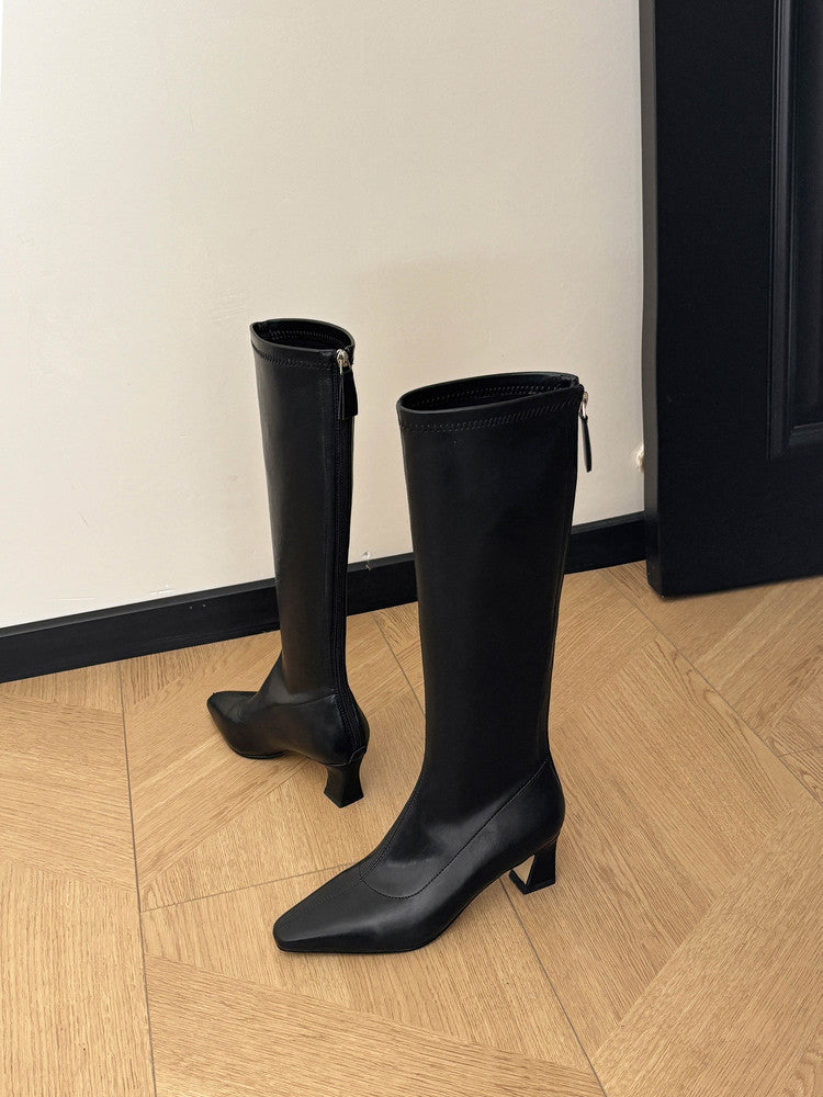 Karin Luna In Stock In Stock  Square Toe Chunky Heel Korean Style Elegant Long Boots