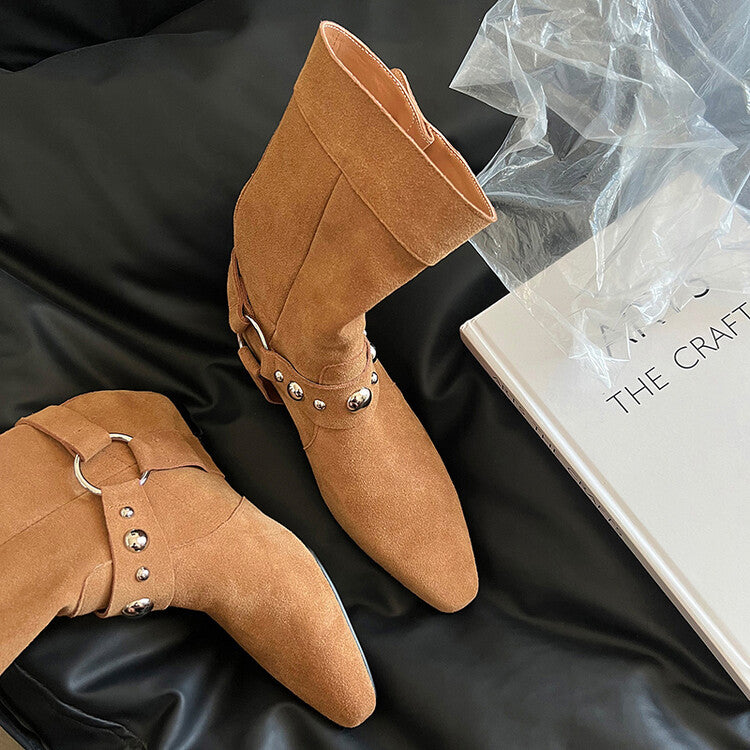 Karin Luna has prepared stock  Hot-Selling Retro Pointed Toe Wedge Metal Buckle High Tube Western Boots