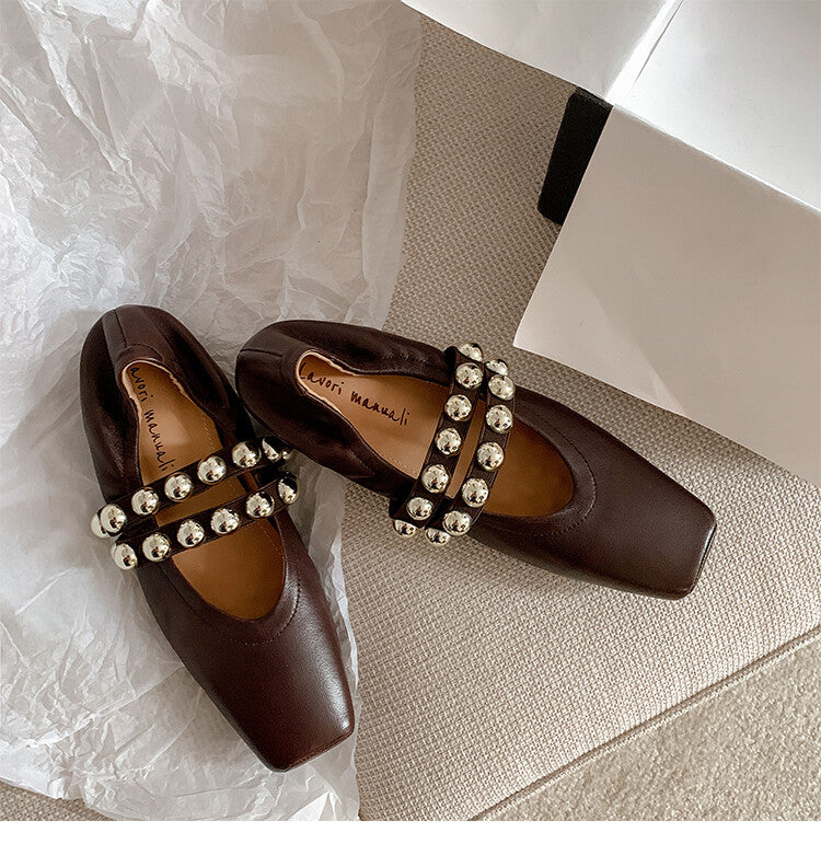 Karin Luna In Stock Spot Goods  Pig Nose Metal Strap Super Soft Granny Full Leather Mary Jane Shoes