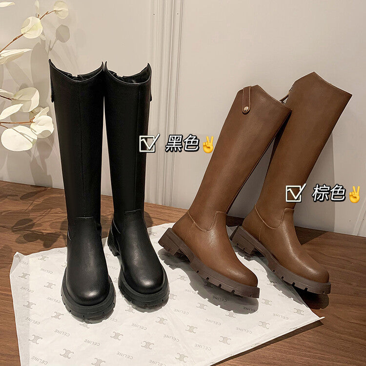 Karin Luna Hot-Selling In Stock   Basic Casual Hot-Selling Round-Toe Long Boots Full Cowhide Leather Long Boots Flat Bottom Hot Sale