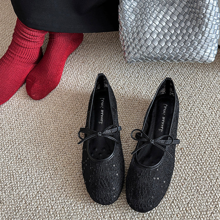 Karin Luna In Stock Spot Goods  Summer Breathable Retro Embroidered Bow Granny Shoes