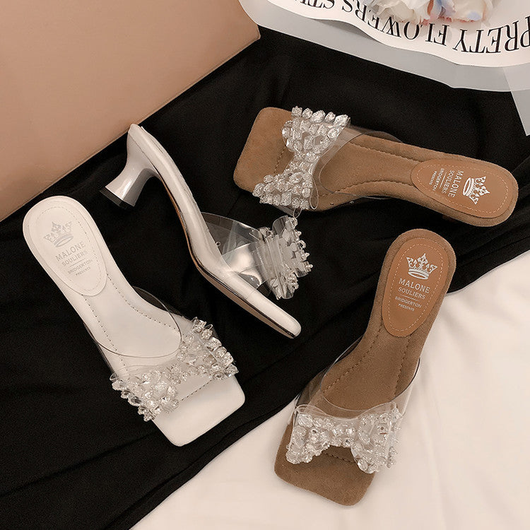 Karin Luna In Stock In Stock Transparent Bow Square Toe Suede Open Toe Sandals