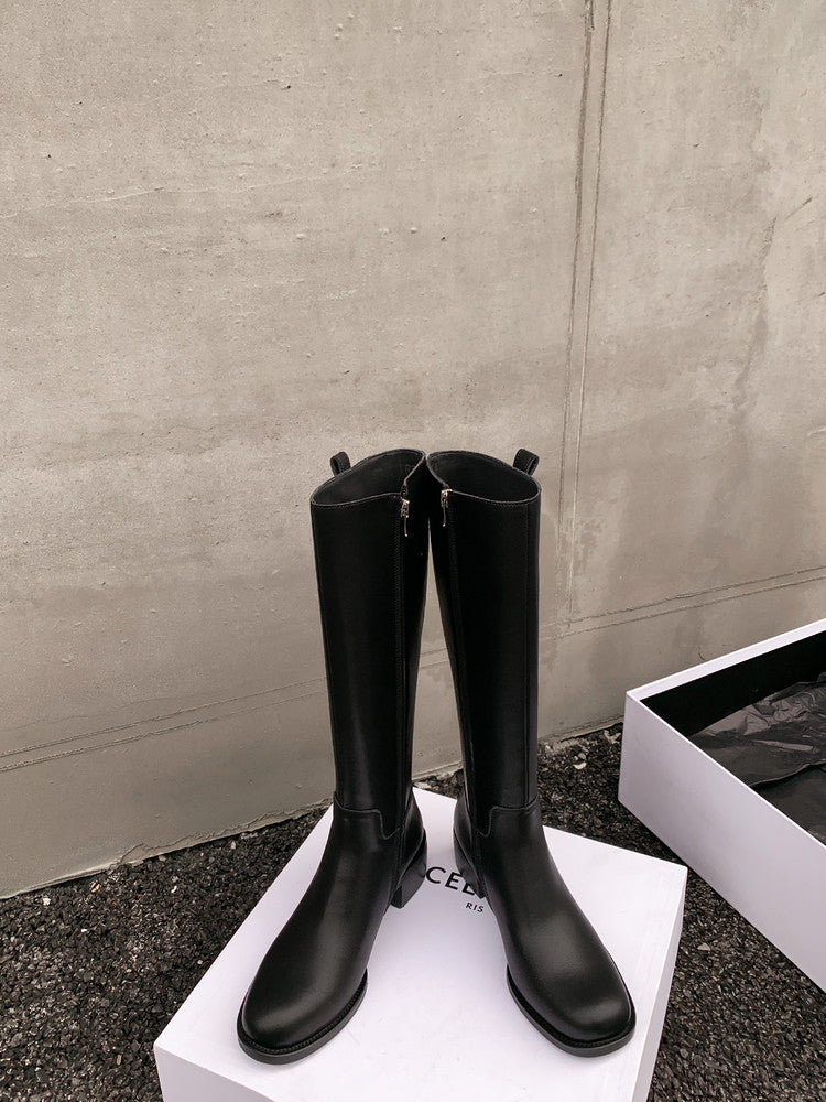 Karin Luna In Stock Spot Goods Basic Retro Square Toe Chunky Heel Riding Boots