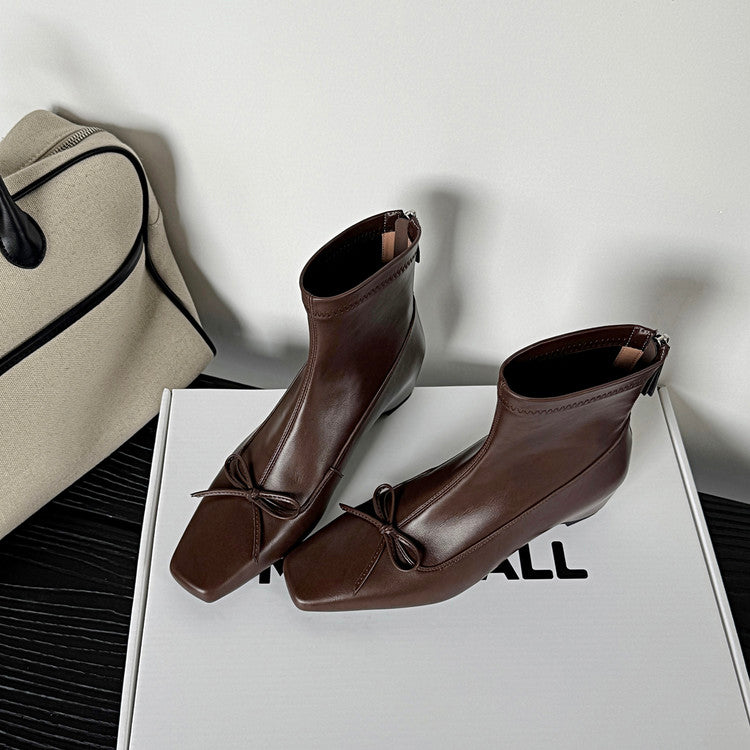 Karin Luna French Style Square Toe Bowknot Hidden Wedge Slim Boots