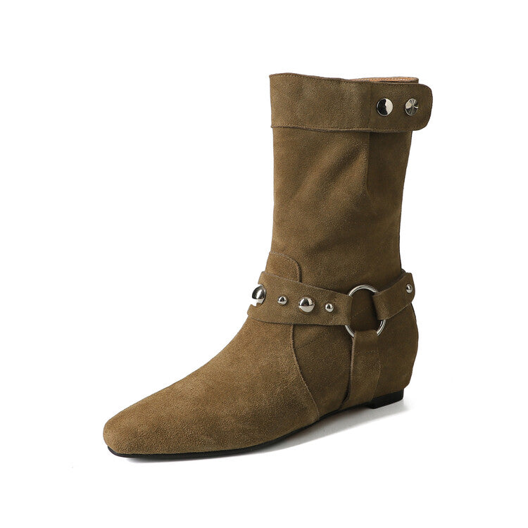Karin Luna has prepared stock  Hot-Selling Retro Pointed Toe Wedge Metal Buckle High Tube Western Boots