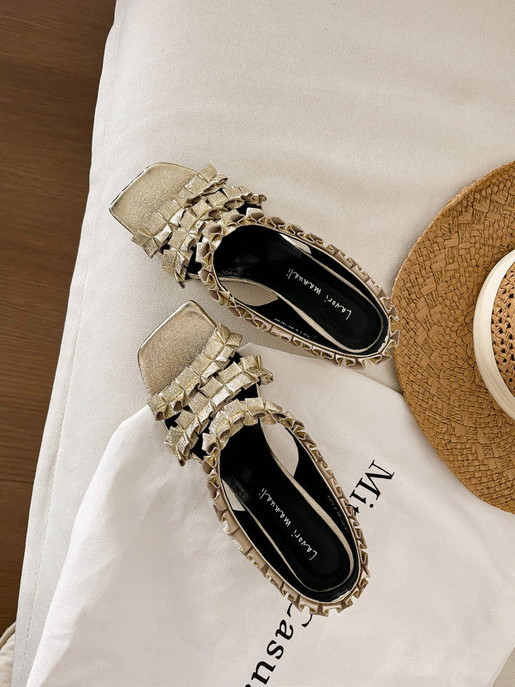 Karin Luna In Stock  Spot Goods  Unique Square-Toe Pleated Lace Sandals