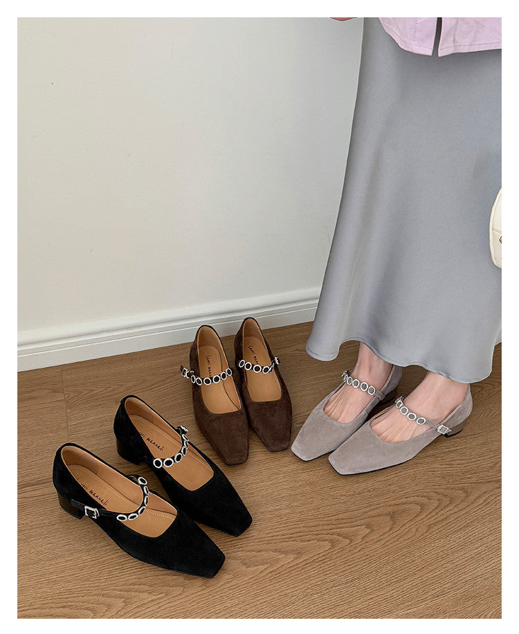 Karin Luna In Stock Spot Goods  Vintage Full Leather Square Toe Rhinestone Strap Shallow Mouth Single Shoes