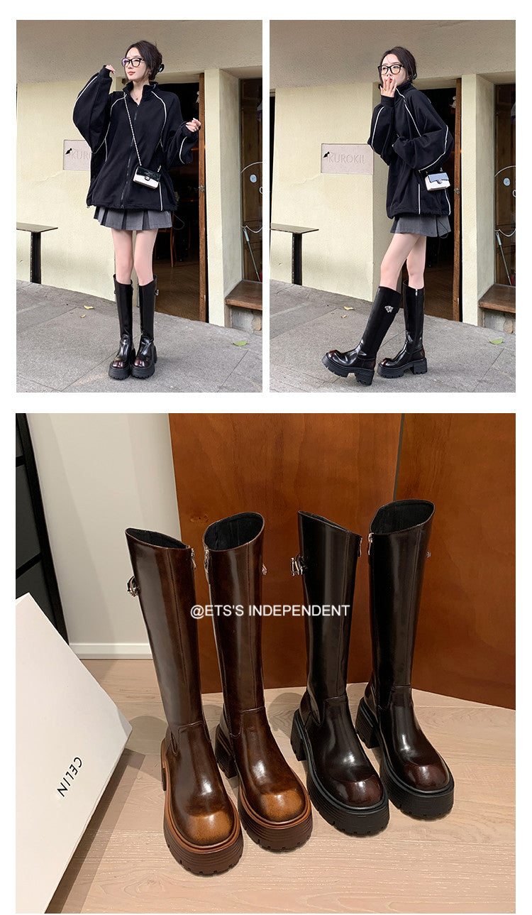 Karin Luna In Stock In Stock  Round Toe Thick Sole Belt Buckle Side Zipper Knight Boots