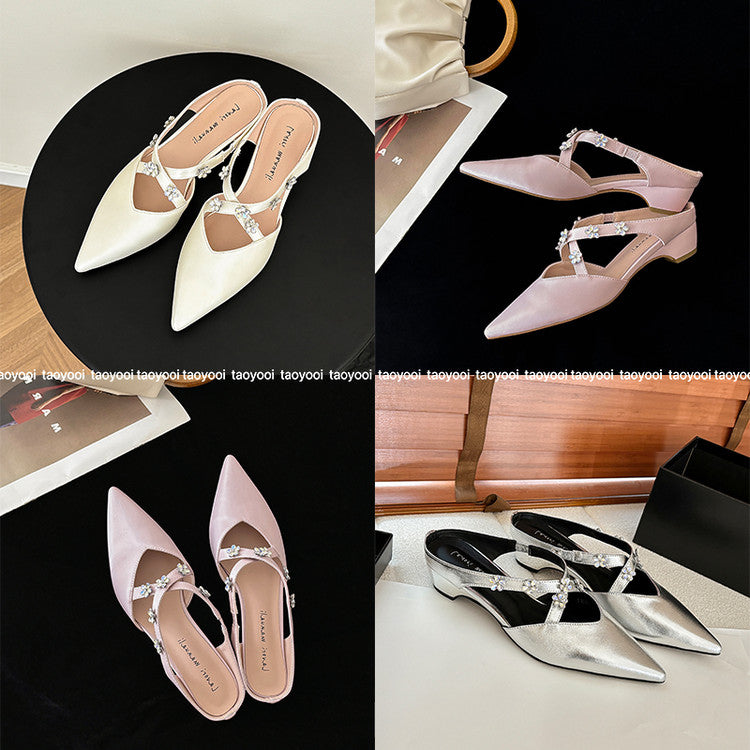 Karin Luna Elegant Pointed Toe Rhinestone Flower High Heel Mules