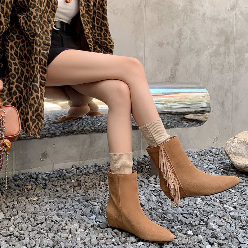 Karin Luna In Stock Spot Goods Tassel Square Toe Hidden Wedge Short Boots
