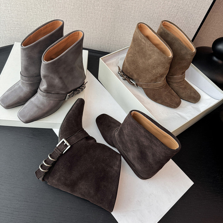 Karin Luna Data Hot Item Square Toe Hidden Wedge Belt Buckle Suede Ankle Boots
