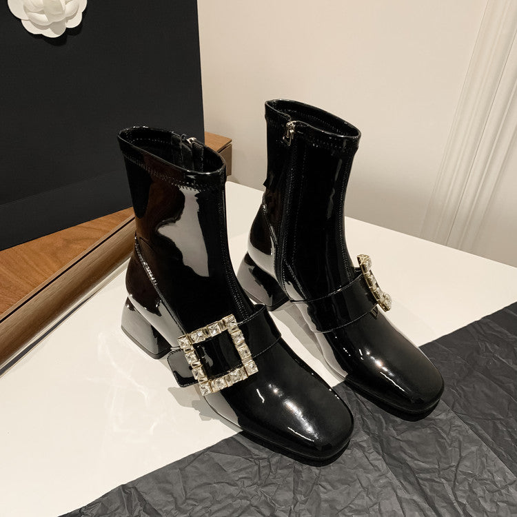 Karin Luna Elegant Style Ultra Slimming Rhinestone Chunky Heel British Style Riding Boots Long Boots
