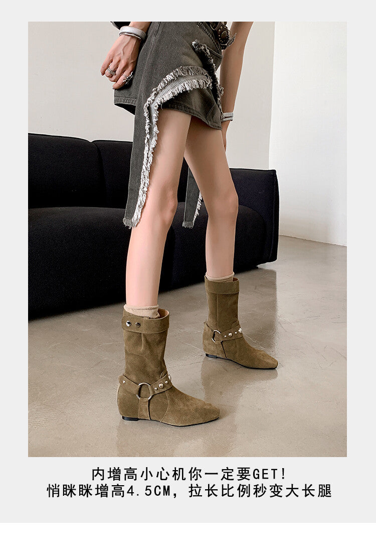 Karin Luna has prepared stock  Hot-Selling Retro Pointed Toe Wedge Metal Buckle High Tube Western Boots