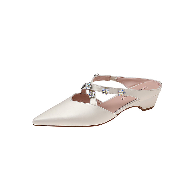 Karin Luna Elegant Pointed Toe Rhinestone Flower High Heel Mules