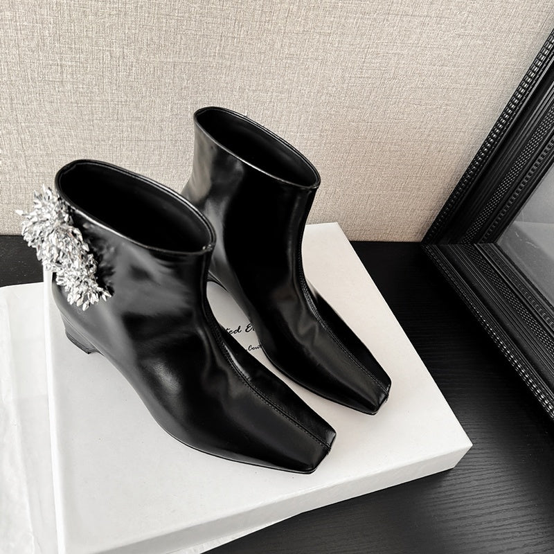 Karin Luna Elegant Style Square Toe Flower Design Height Increasing Short Boots with Two Front and Back Options