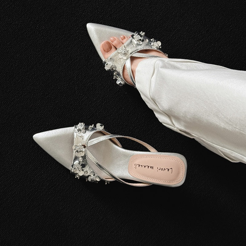 Karin Luna Bestseller Sequin Elements Elegant Pointed Toe Irregular Heel Slippers