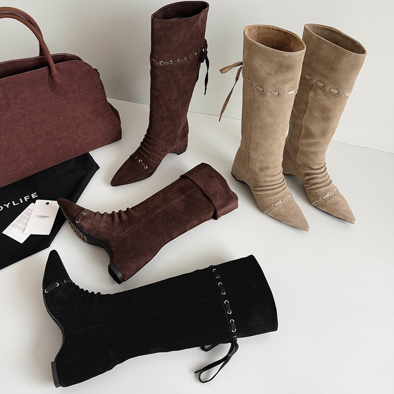 Karin Luna Elegant Style  Pointed Toe Pleated Hidden Wedge Western Boots