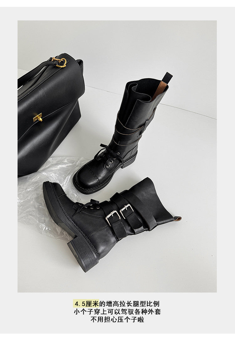 Karin Luna Bestseller Hot-Selling Large Tube Leather Belt Buckle Round Toe Thick-Soled Short Boots
