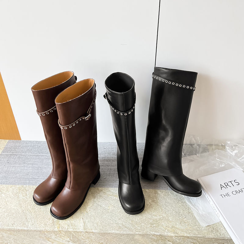 Karin Luna In Stock Spot Goods Belt Buckle Color-Washed Casual Thick-Soled Bootcut Pants Boots
