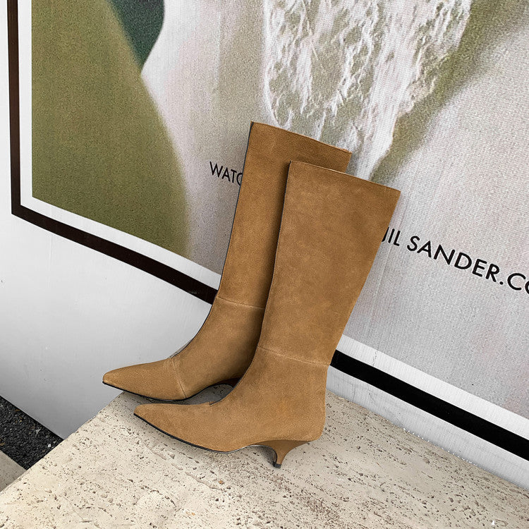Karin Luna In Stock Spot Goods Retro Cowhide Pointed Toe Stiletto Elegant Long Boots