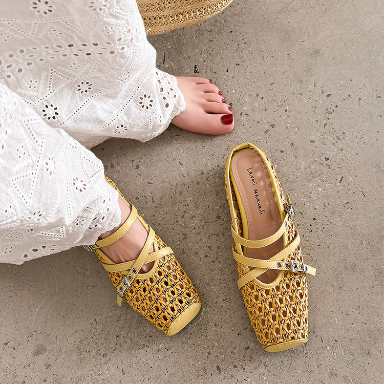 Karin Luna In Stock Spot Goods  Hot-Selling Square-Toe Woven Pig Nose Closed-Toe Slippers