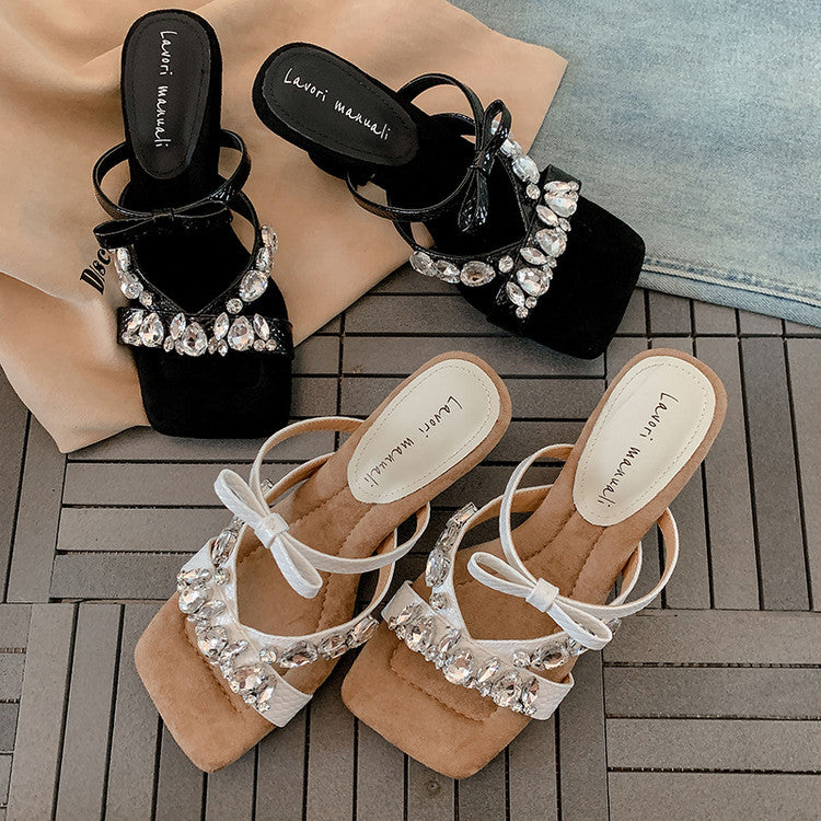 Karin Luna In Stock In Stock  Square Toe Rhinestone Bow Suede Slippers
