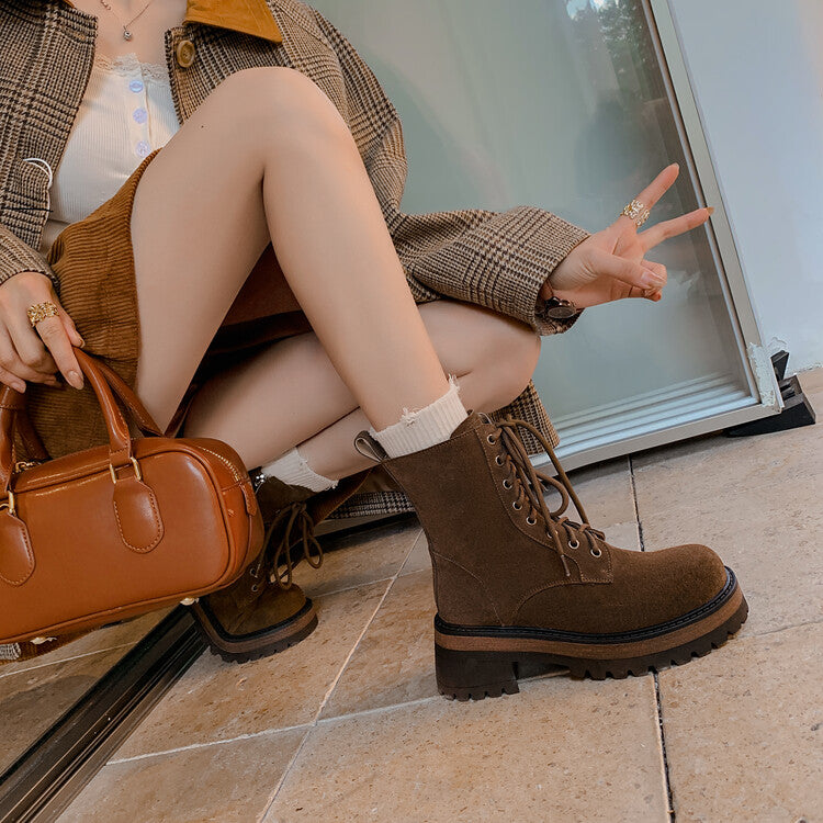 Karin Luna In Stock Spot Goods   Vintage Cowhide Leather Classic Versatile Popular Lace-up Thick Martin Boots