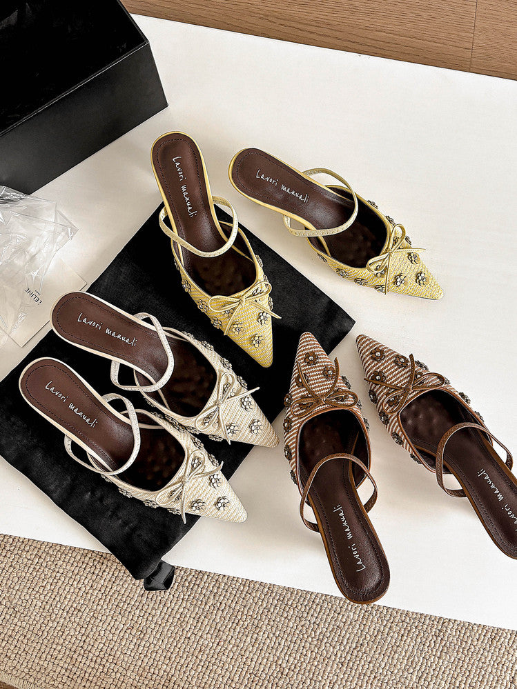 Karin Luna In Stock Spot Goods  Elegant Floral Pointed Toe Rhinestone Slippers