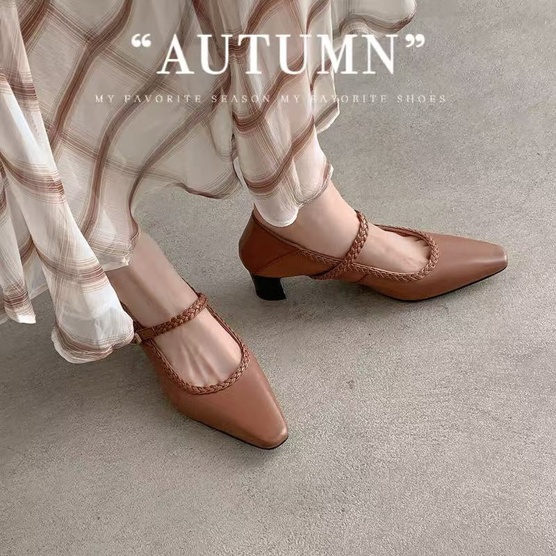 Karin Luna Braided Element Design Chunky Heel Square Toe Single Strap Shoes
