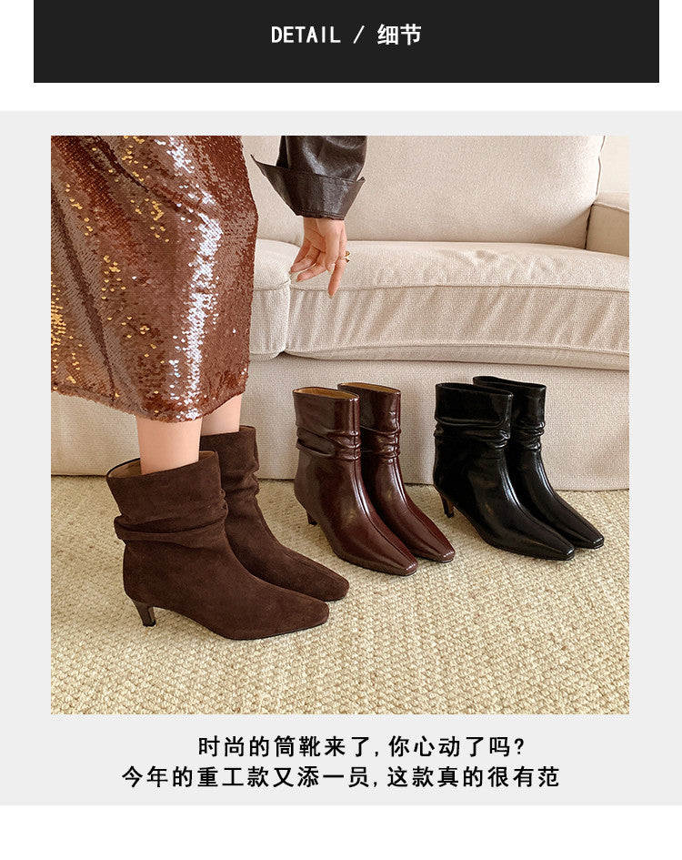 Karin Luna In Stock Spot Goods  Retro Wrinkled Small Square Toe Short Boots