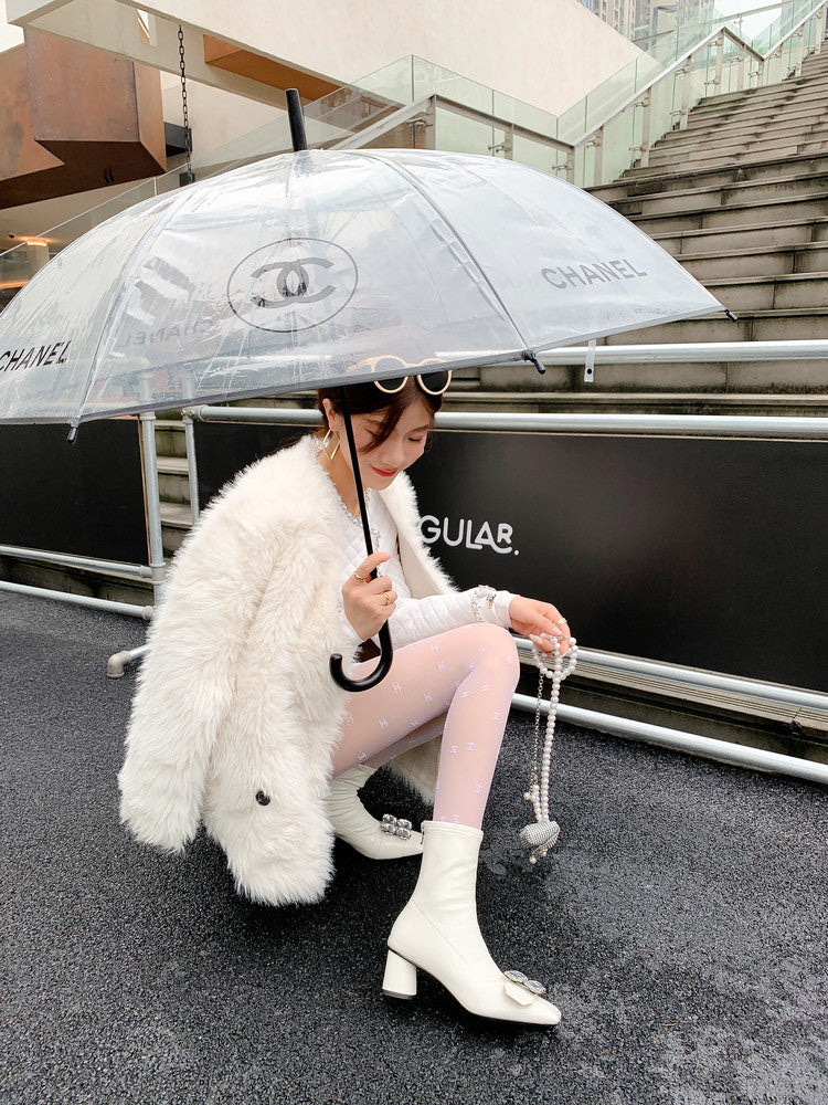 Karin Luna In Stock  Elegant Style Square Toe Rhinestone Chunky Heel Ankle Boots