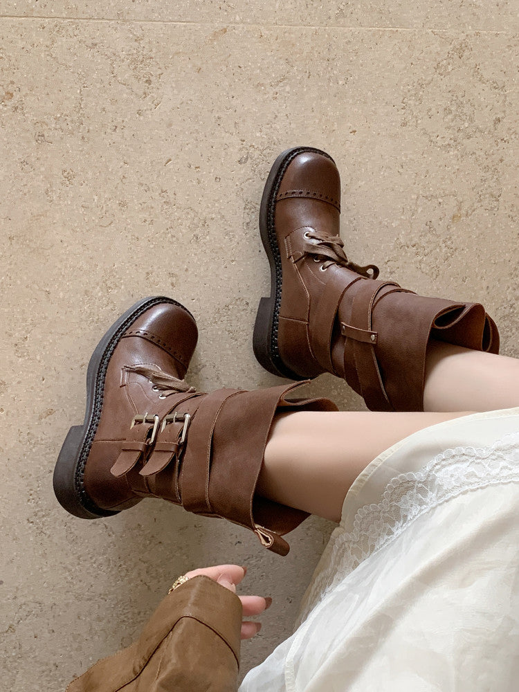 Karin Luna Bestseller Hot-Selling Large Tube Leather Belt Buckle Round Toe Thick-Soled Short Boots