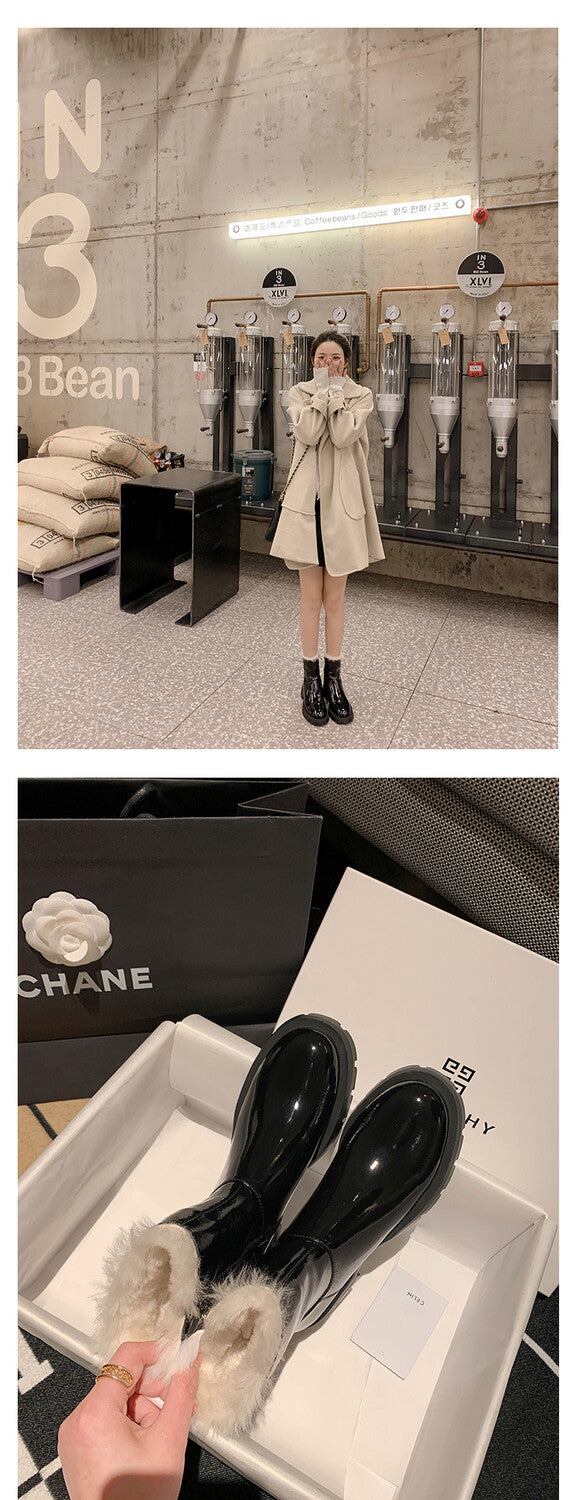 Karin Luna In Stock  Best-selling in stock Thickened Fleece Cow Patent Leather Hot-Selling Flat Short Boots