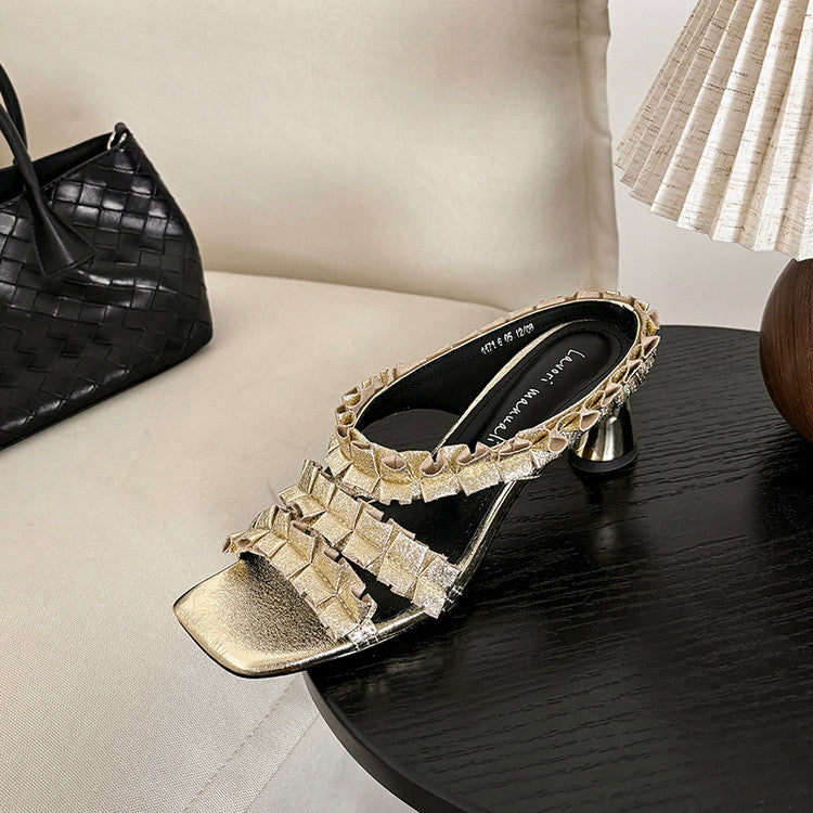 Karin Luna In Stock  Spot Goods  Unique Square-Toe Pleated Lace Sandals