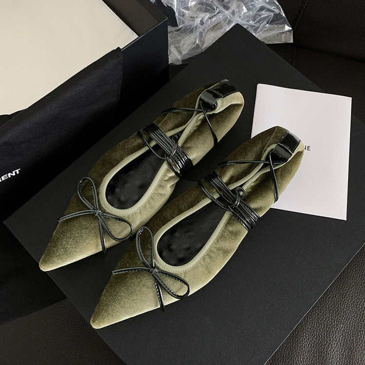 Karin Luna In Stock In Stock Retro Velvet Pointed Toe Bowknot Single Shoes
