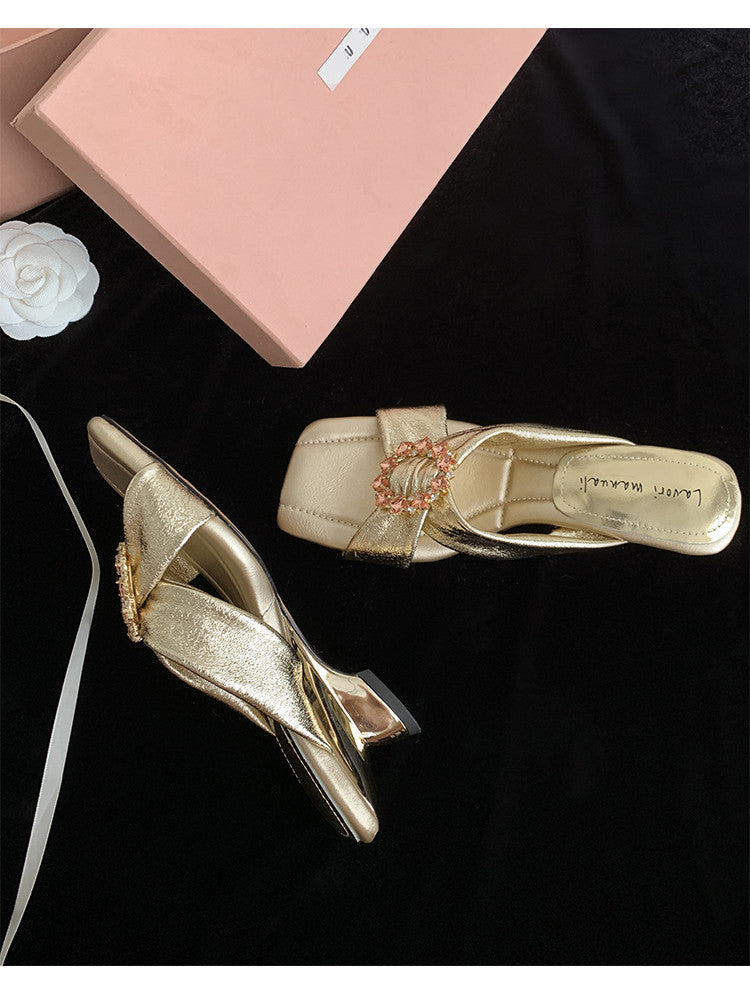 Karin Luna In Stock In Stock Elegant Square-Toe Cross-Strap Rhinestone Square-Toe Slippers