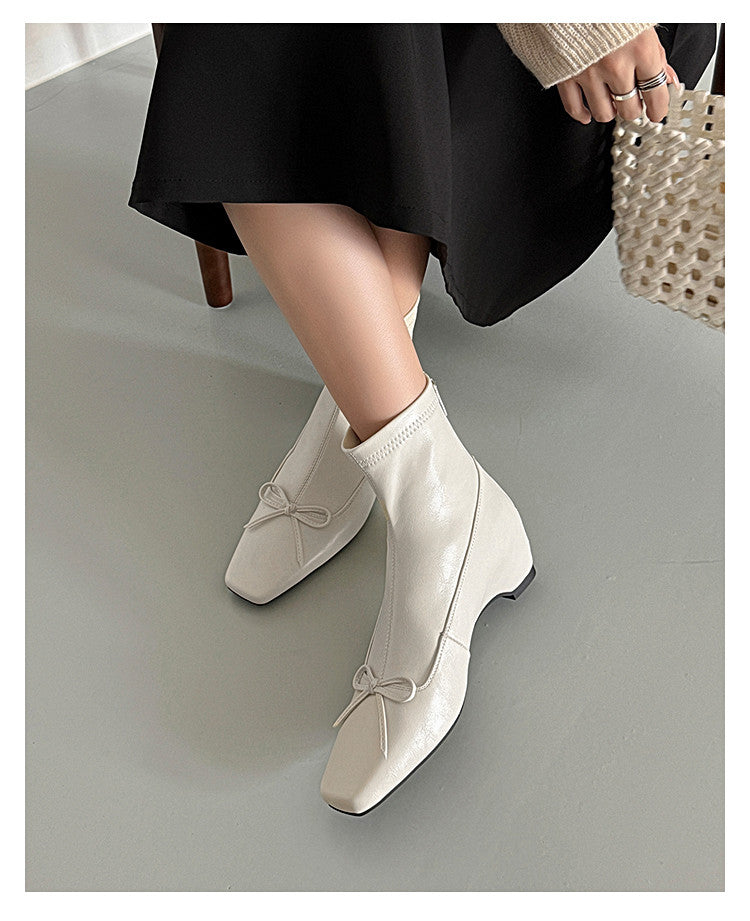 Karin Luna French Style Square Toe Bowknot Hidden Wedge Slim Boots
