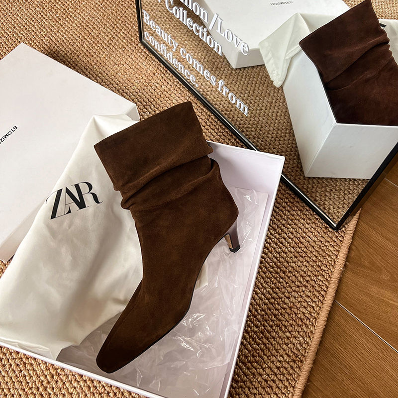 Karin Luna In Stock Spot Goods  Retro Wrinkled Small Square Toe Short Boots