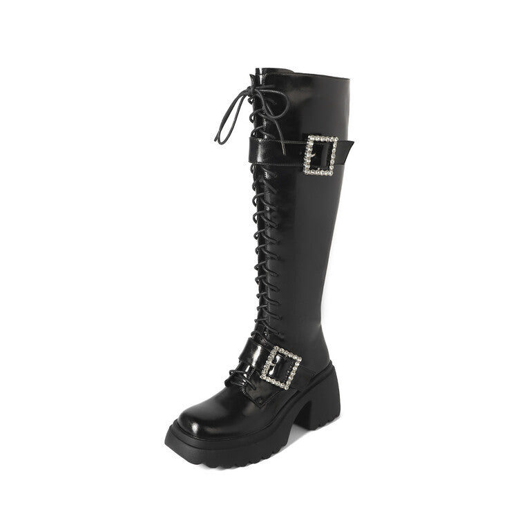 Karin Luna In Stock Spot Goods Bestselling Extended Version Rhinestone Square Buckle Thick Sole Lace-up Thick Sole Full Cowhide Knight Boots