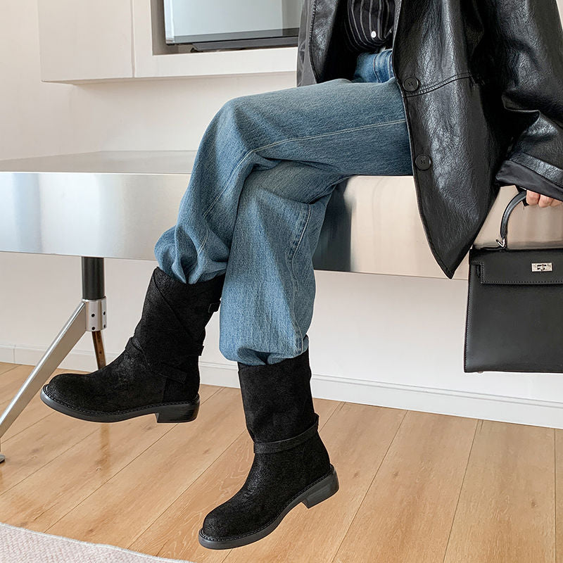 Karin Luna In Stock Spot Goods  Super textured Lazy Style Thick-Soled Ankle Boots