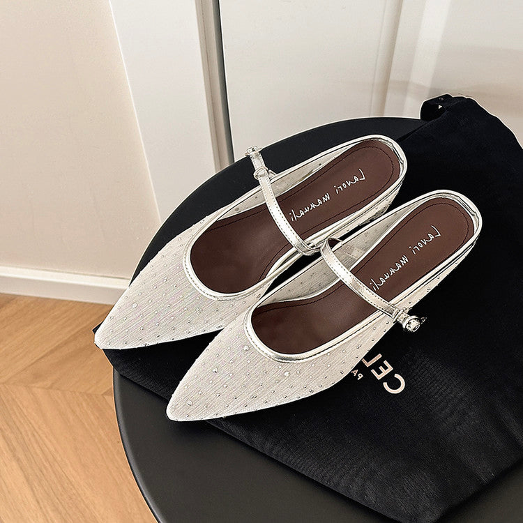 Karin Luna In Stock Spot Goods  Breathable Mesh Fabric Embellished Hand Drill Pointed Toe Slippers