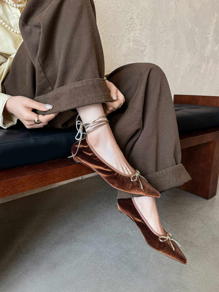 Karin Luna In Stock In Stock Retro Velvet Pointed Toe Bowknot Single Shoes