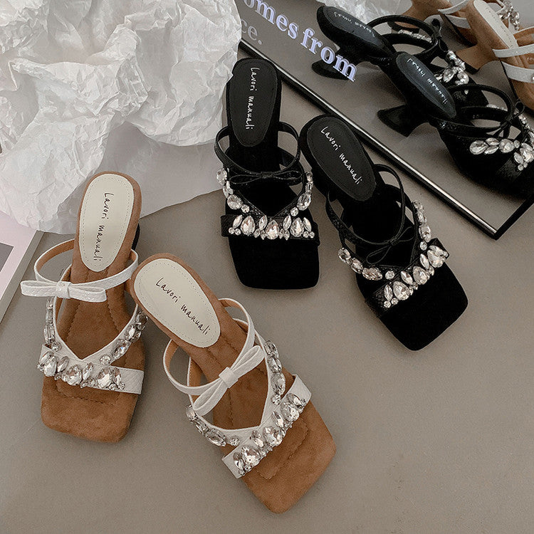 Karin Luna In Stock In Stock  Square Toe Rhinestone Bow Suede Slippers
