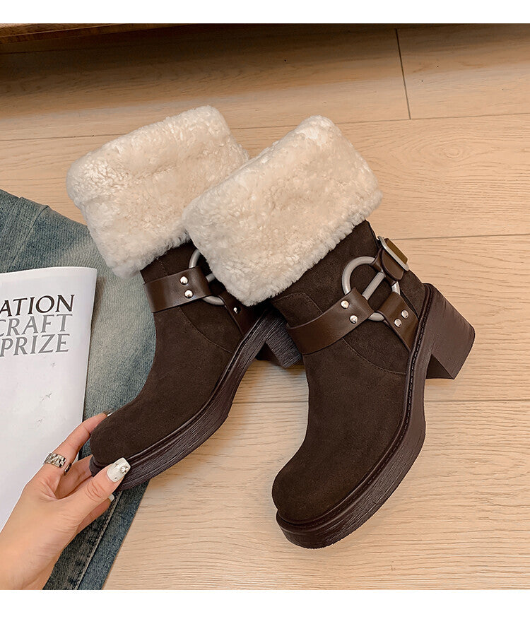 Karin Luna Genuine Lamb Wool and Cowhide Leather Hot-selling Metal Buckle Round Toe Chunky Heel Main Push Main Push