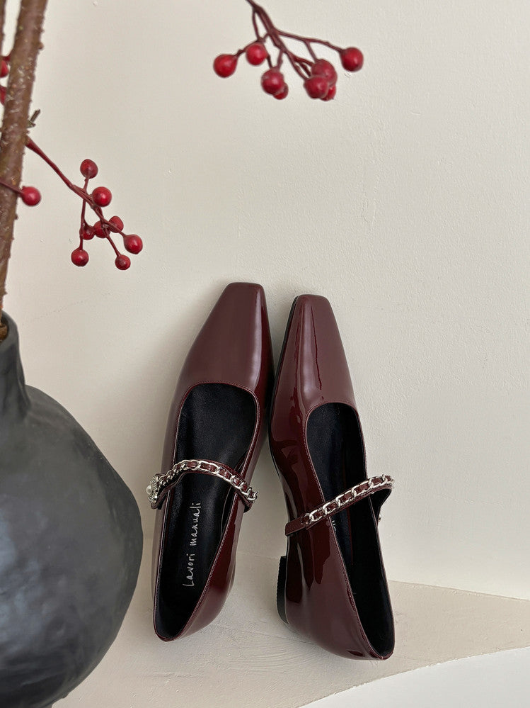 Karin Luna In Stock In Stock ~Metal One-Strap Pearl Small Square Toe Height-Increasing Flats