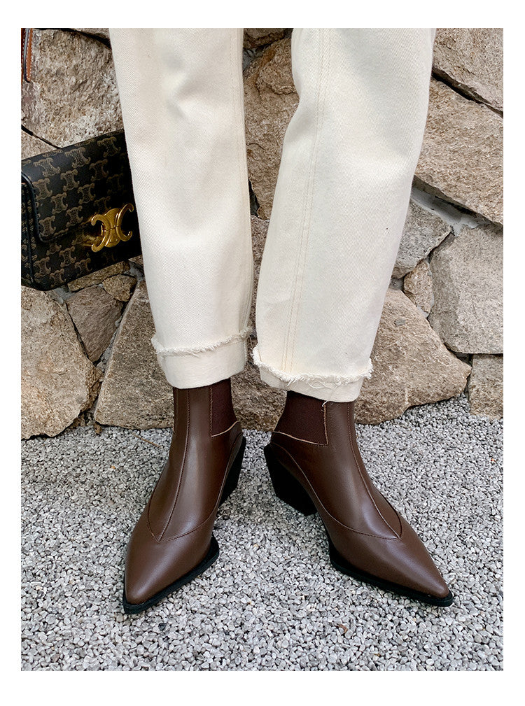 Karin Luna In Stock Spot Goods   Elegant Pointed Toe Chunky Heel Ankle Boots