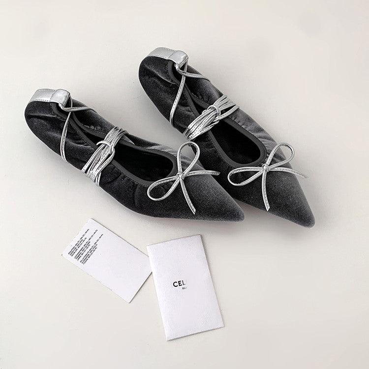 Karin Luna In Stock In Stock Retro Velvet Pointed Toe Bowknot Single Shoes
