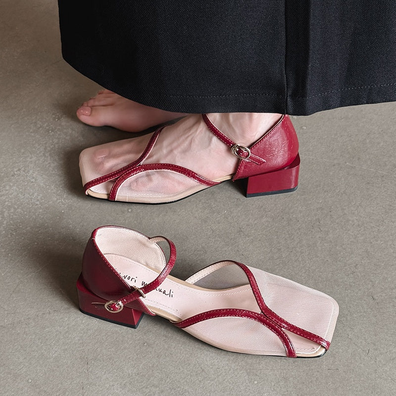 Karin Luna In Stock In Stock  Internet Celebrity Style Square Toe Mesh Chunky Heel Sandals