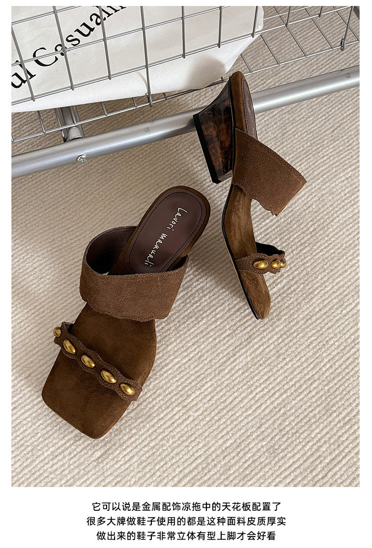 Karin Luna Hot-Selling Element Amber Heel~Spot Goods Spot Goods  Vacation Style One-Strap Amber Irregular Heel Slippers