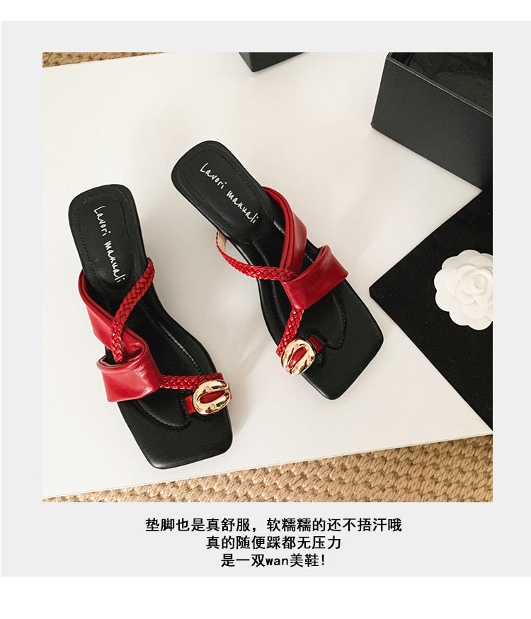Karin Luna Braided Style ~Cross Strap Square Toe Irregular Heel Slippers